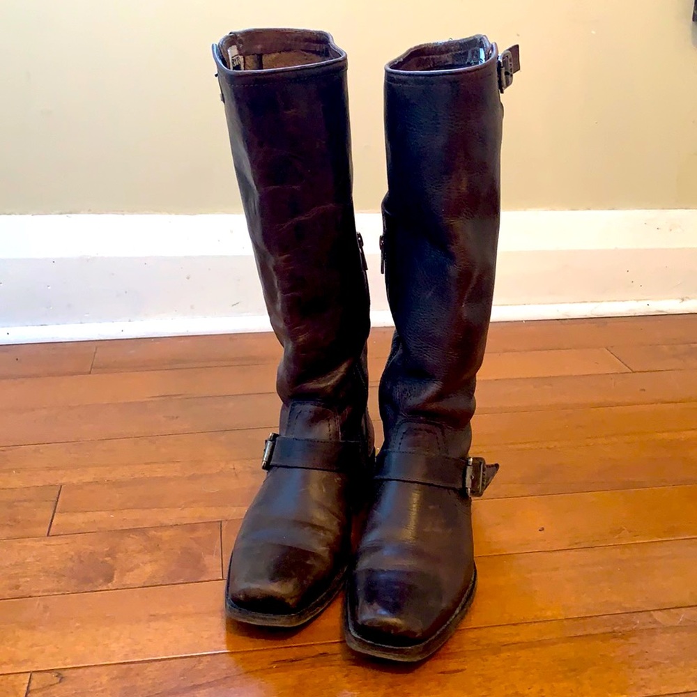 Frye Tall Chocolate Brown Square-Toed Moto Boots - Size 8